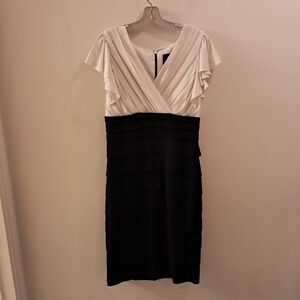 Melrose Dress Women's 12 Black White Pleated Flutter Sleeve Sheath Evening